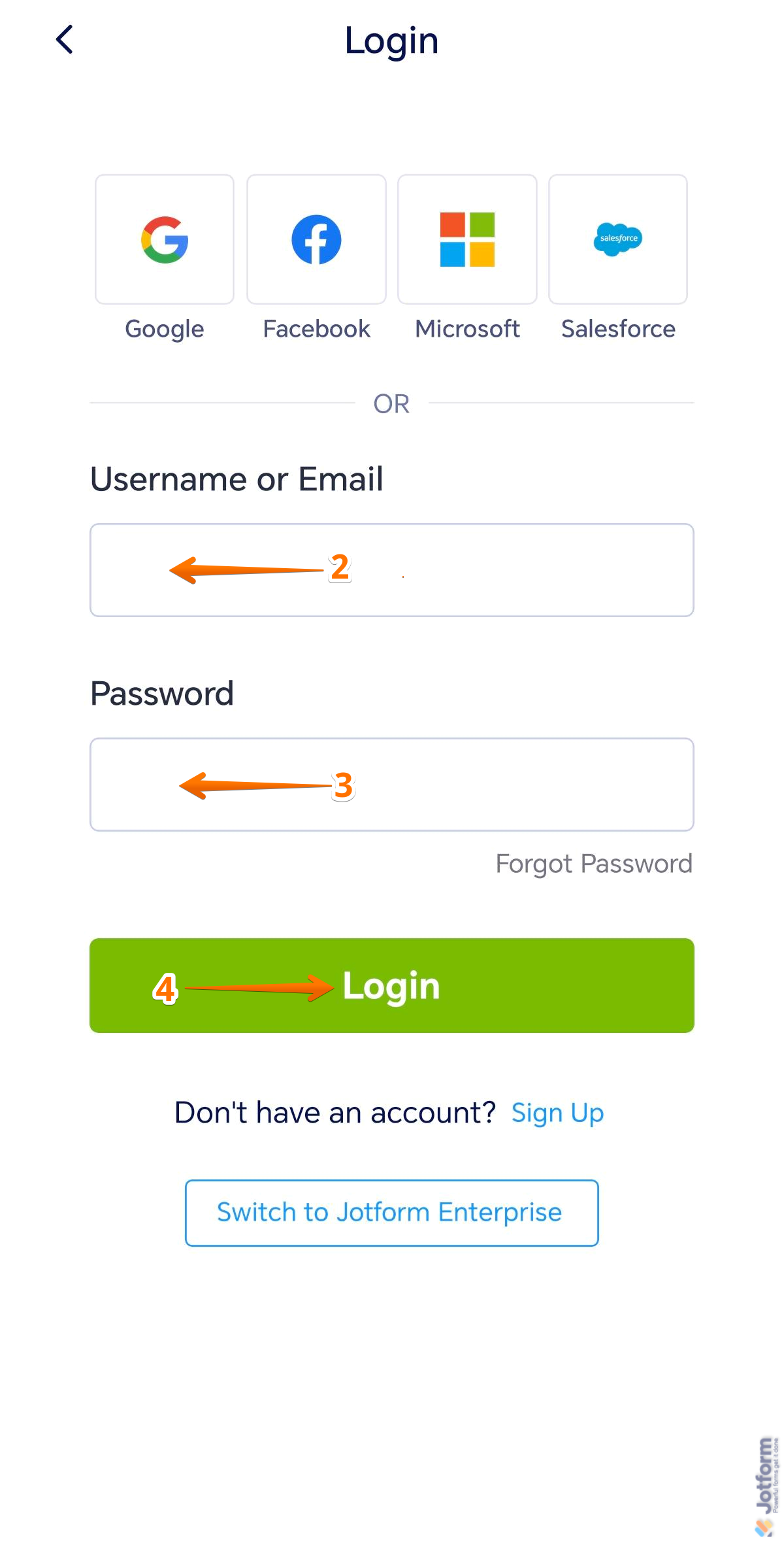 Login screen of the Jotform Mobile Forms app