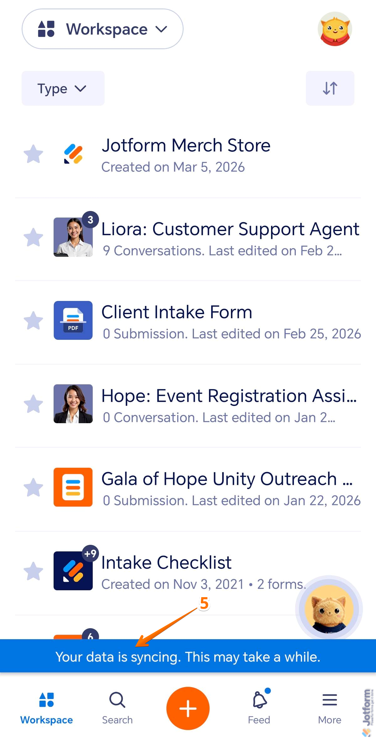 Workspace screen of the Jotform Mobile Forms app with assets syncing