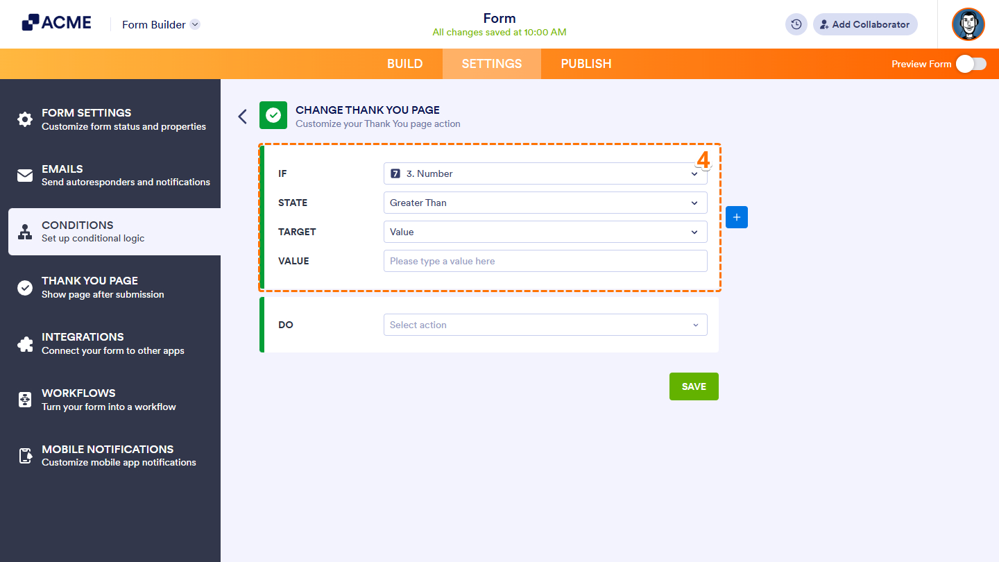 If rule in the Change Thank You Page condition settings