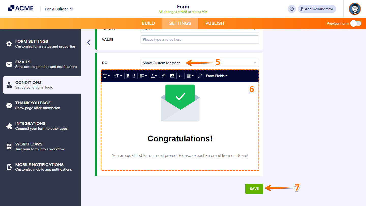 Show Custom Message action in the in the Change Thank You Page condition settings