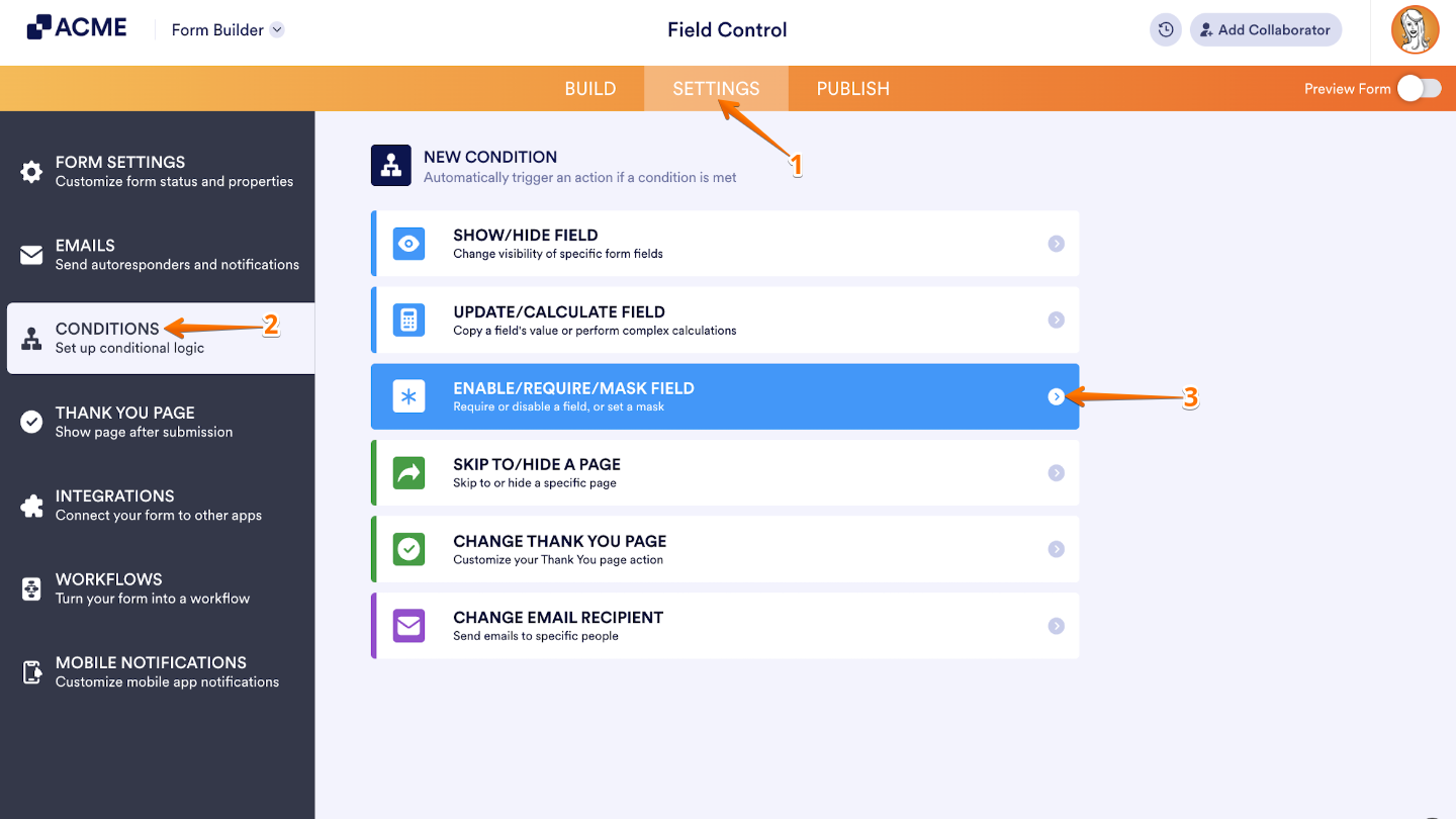 Form Builder interface showing the orange top navigation bar with the Settings tab selected