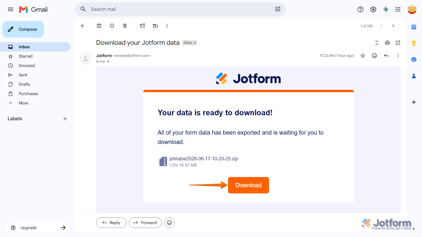 E-Mail-Posteingang mit einer Jotform-Exportbenachrichtigungs-E-Mail und einem Download-Link für die generierte ZIP-Exportdatei