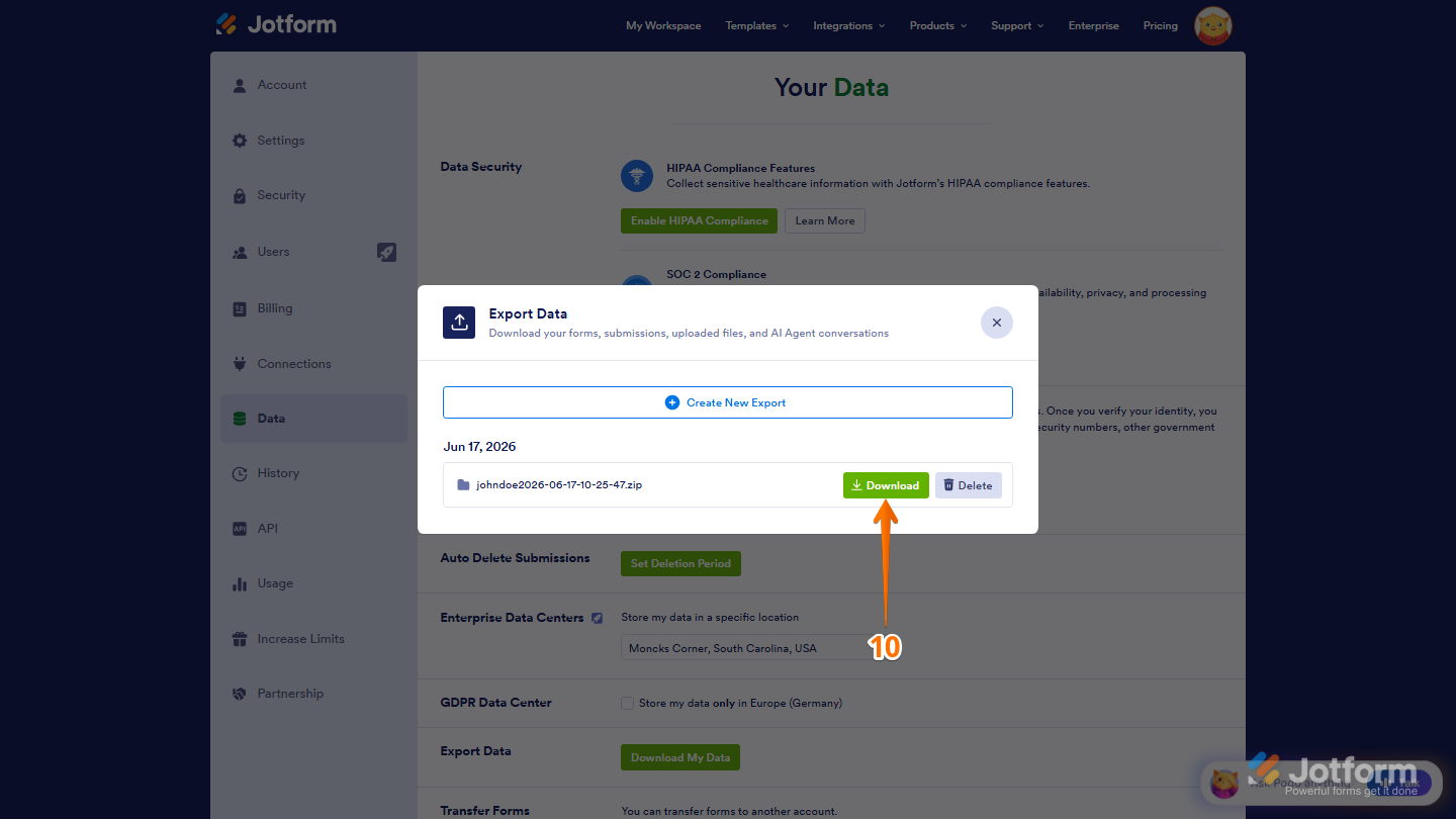 Jotform Export Data page showing a completed export report with the Download button available to save the ZIP file to the device