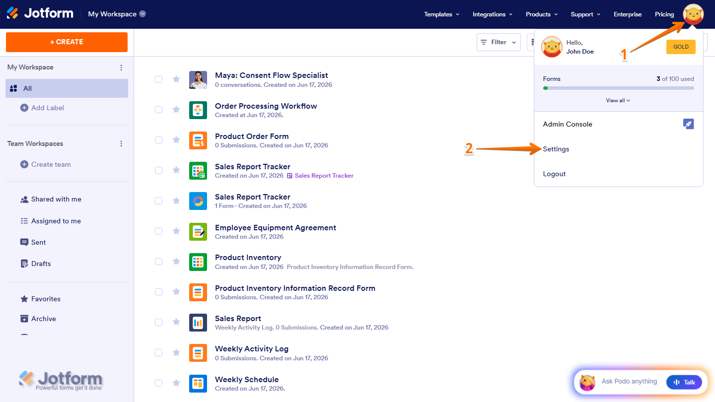 Jotform Workspace showing the user Avatar/Profile menu open in the top-right corner with the Settings option available for selection