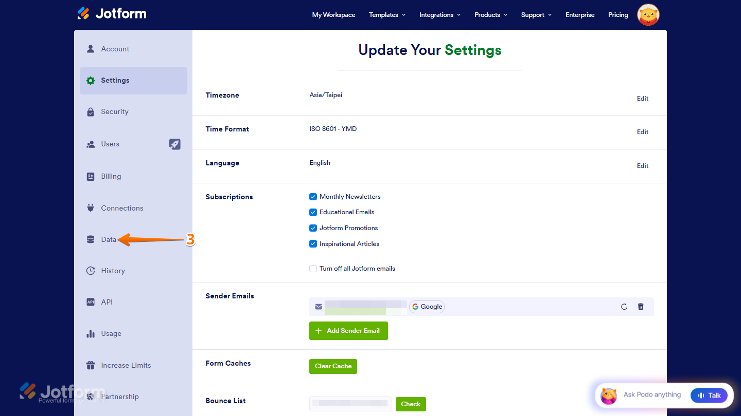 Jotform account Settings page showing the left-side navigation menu with the Data section selected