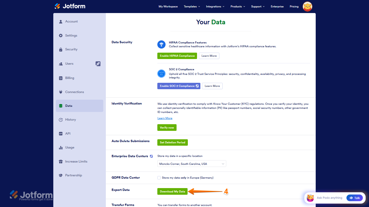 Jotform Data settings page showing the Export Data section with the Download My Data button available for exporting account data