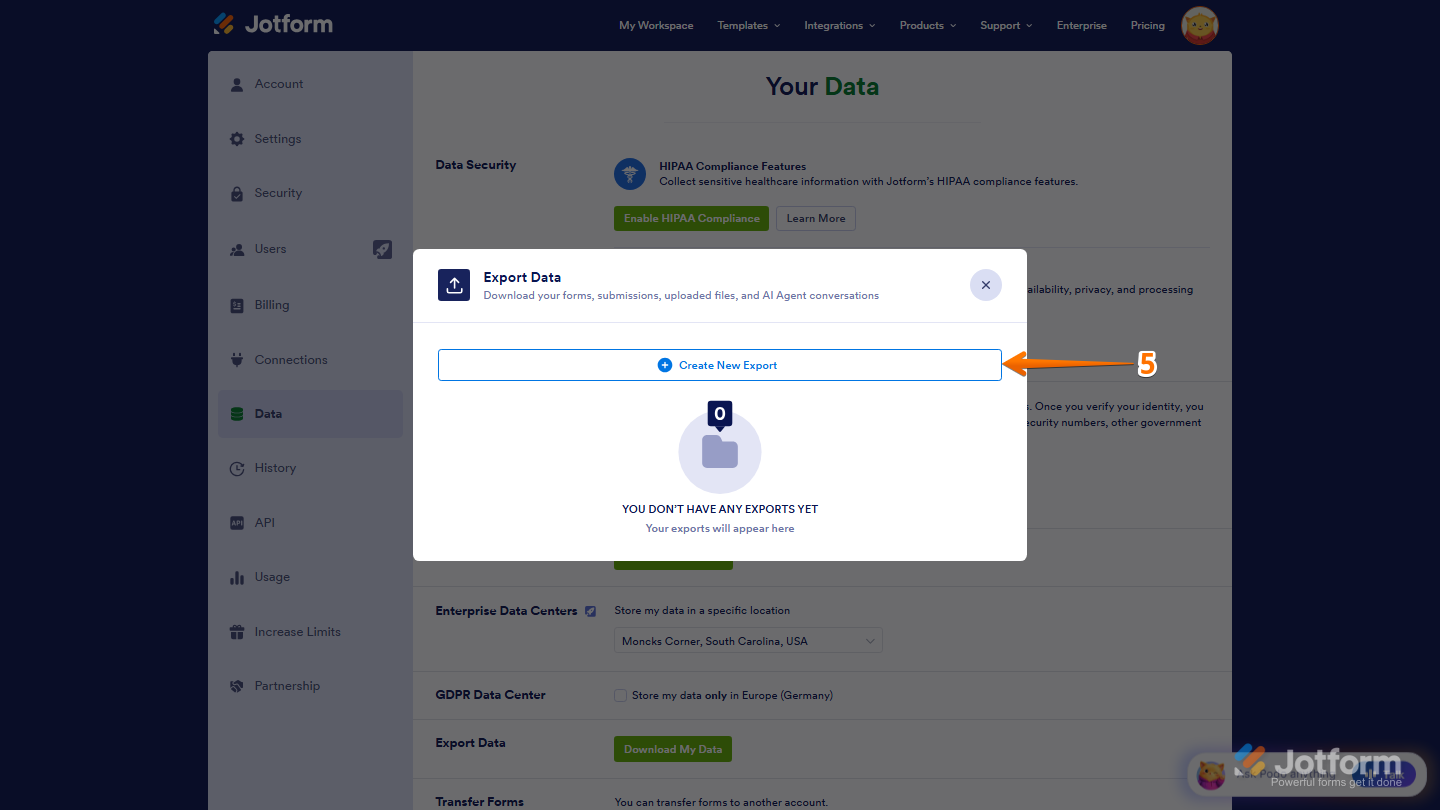 Jotform Export Data window showing the Create New Report button for generating a new account data export report