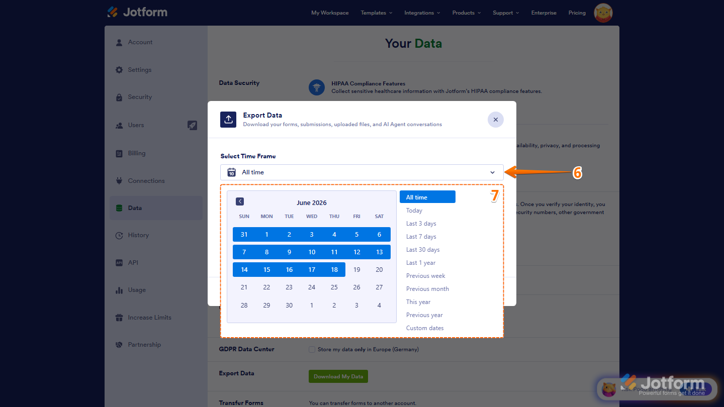 Jotform Export Data report settings showing the Select Time Frame section with the date picker open and preset date range options available for selecting an export period