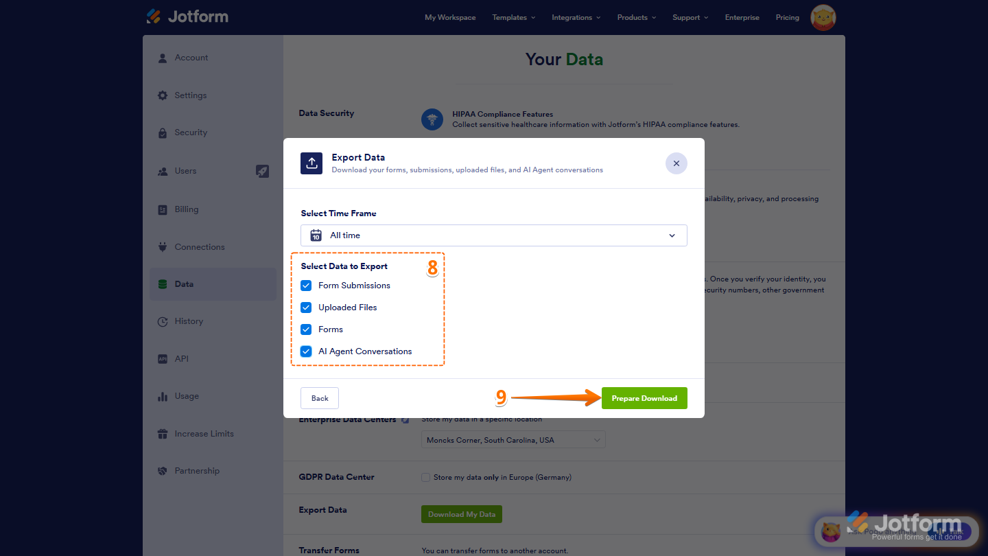 Jotform Export Data report settings showing the Select Data to Export section with options for Form Submissions, Uploaded Files, Forms, and AI Conversations selected, along with the Prepare Download button