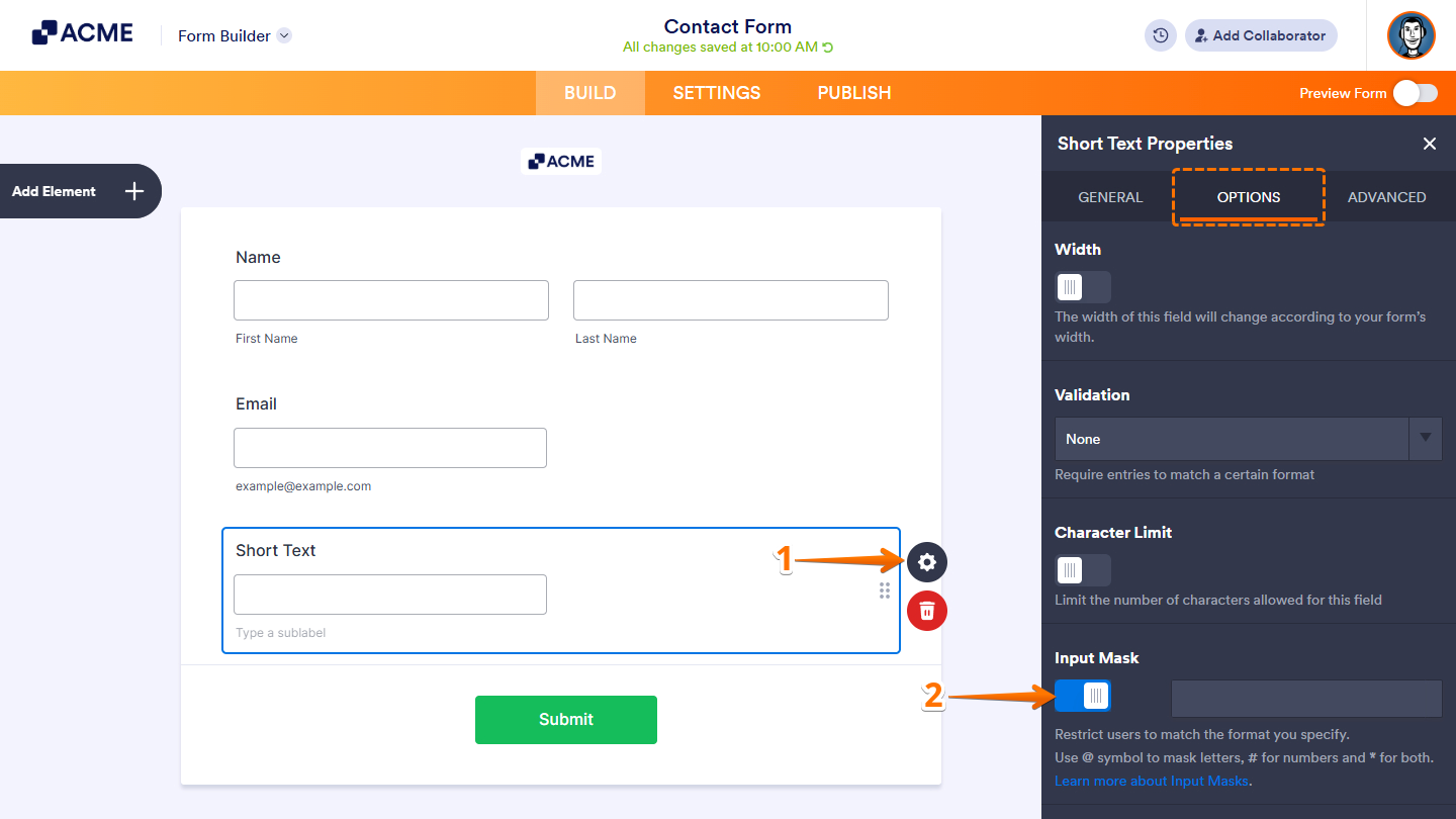 Input Masking option in Short Text element in the Form Builder