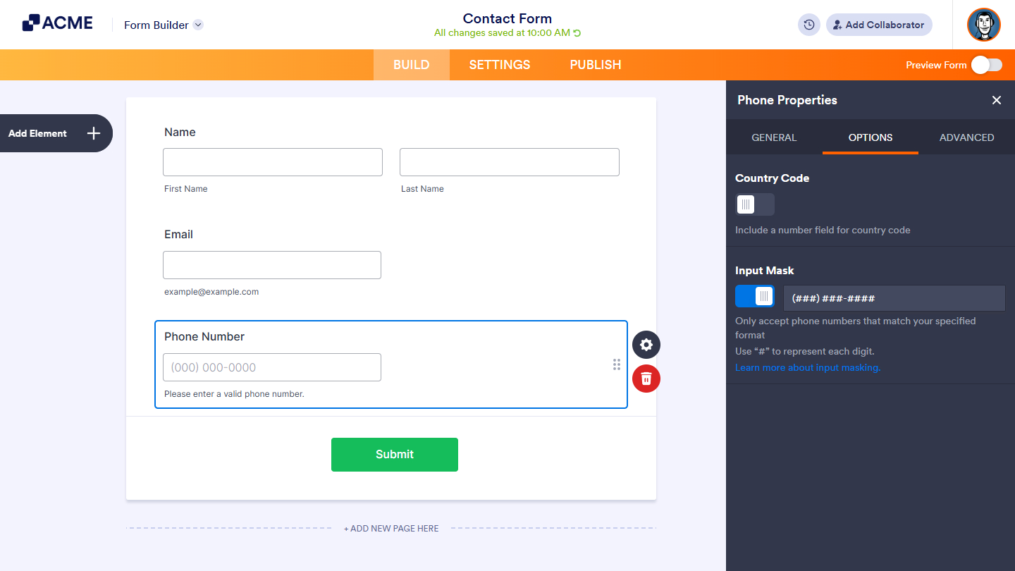 Input Masking option in Phone Number element in the Form Builder