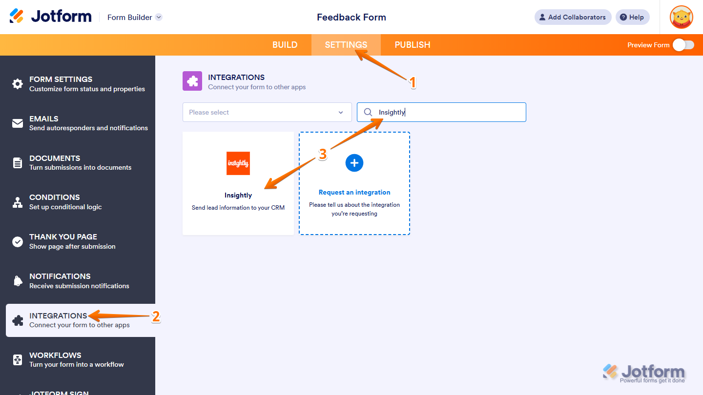 Insightly option in Integrations section under the Settings tab in Jotform Form Builder