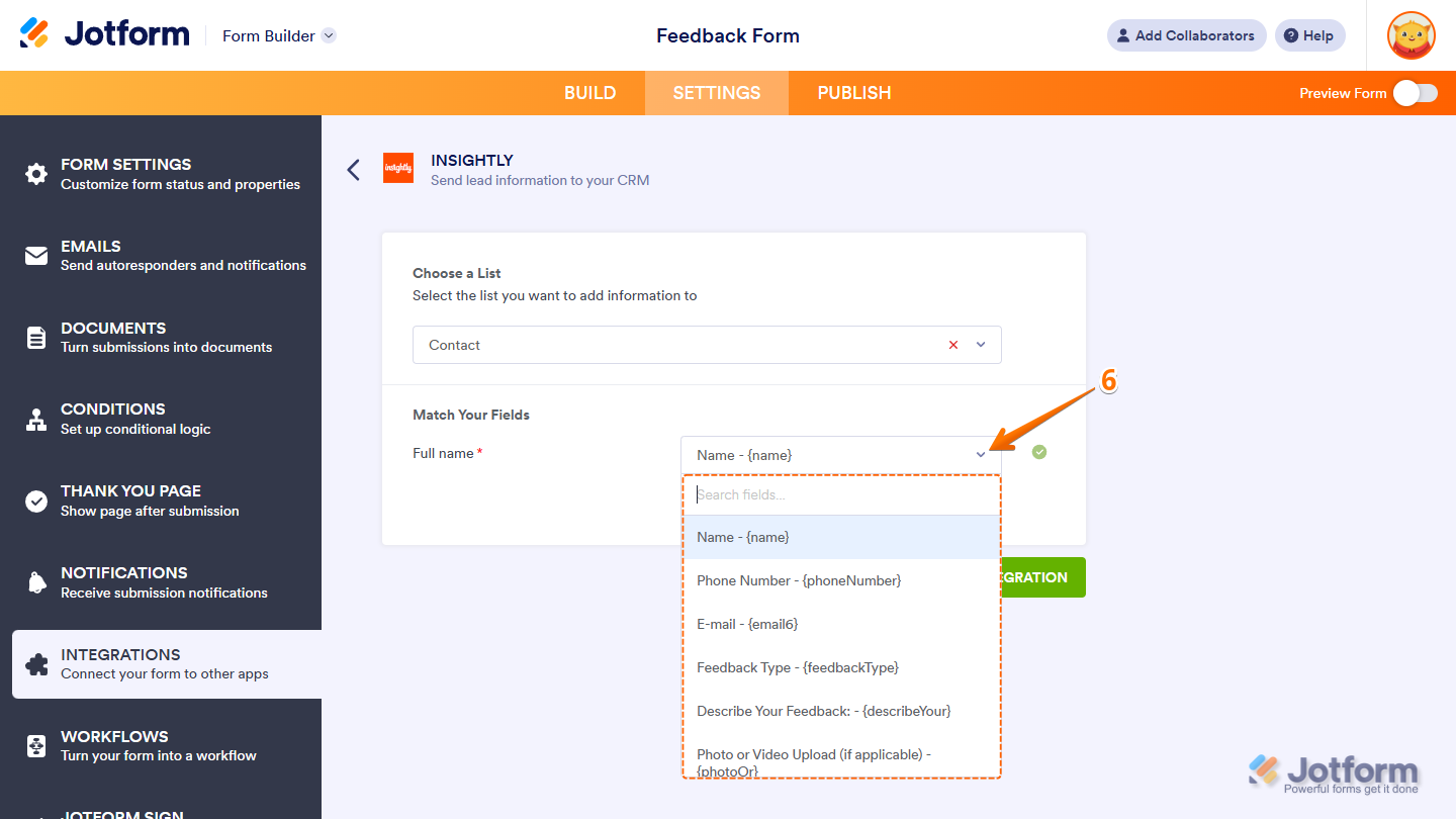 Match Your Fields section in Insightly section under the Settings tab in Jotform Form Builder