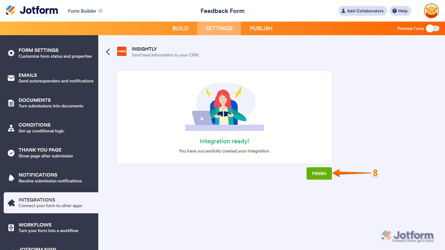 Finish button in Insightly section under the Settings tab in Jotform Form Builder