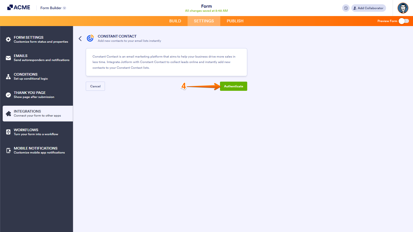 Authenticate button highlighted before logging in to Constant Contact