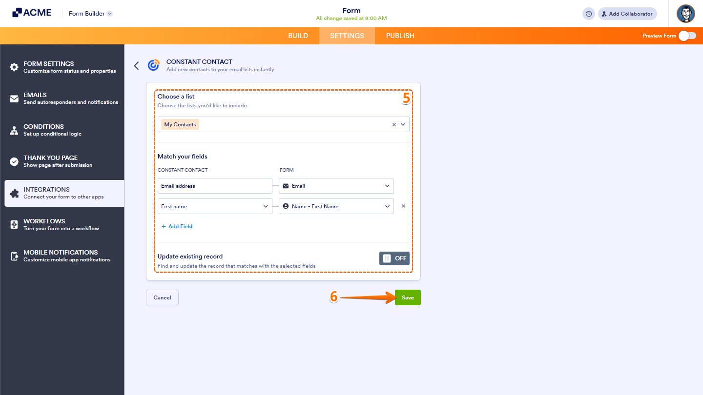 Constant Contact integration settings showing list selection, field mapping options, and the toggle to update existing records