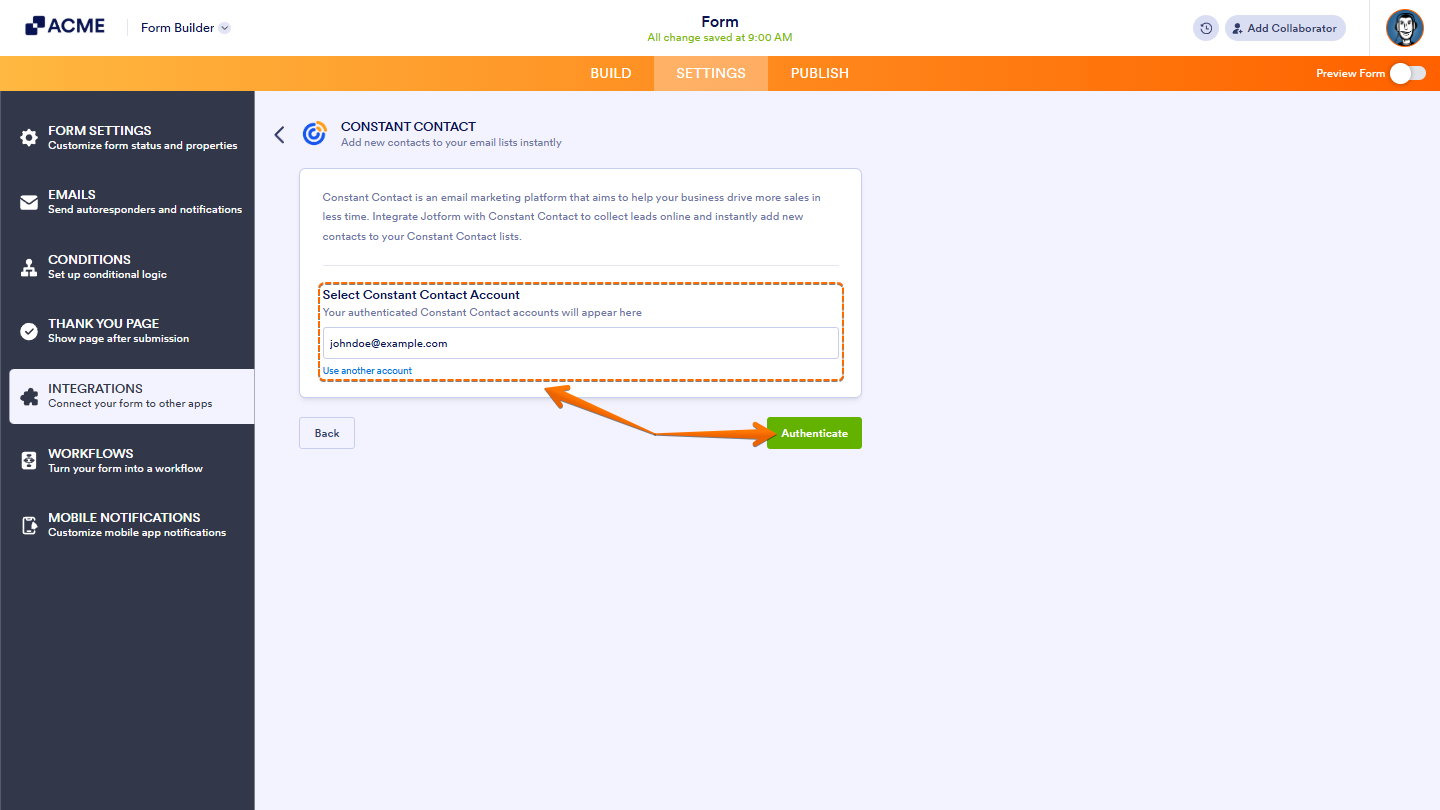 Dropdown showing Constant Contact accounts with the option to use another account