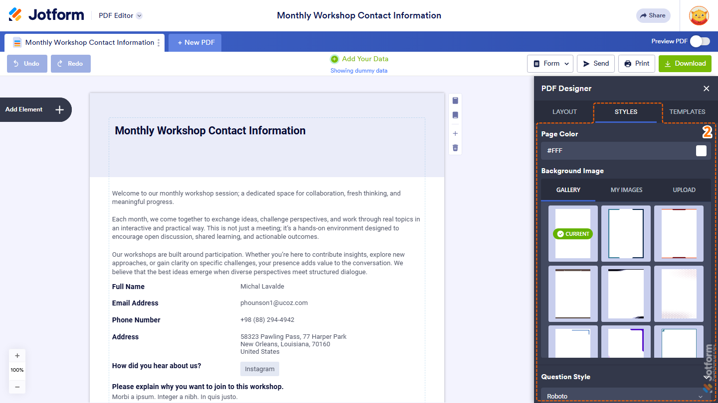 PDF Designer Style tab showing Page Color and Background Image options in Jotform