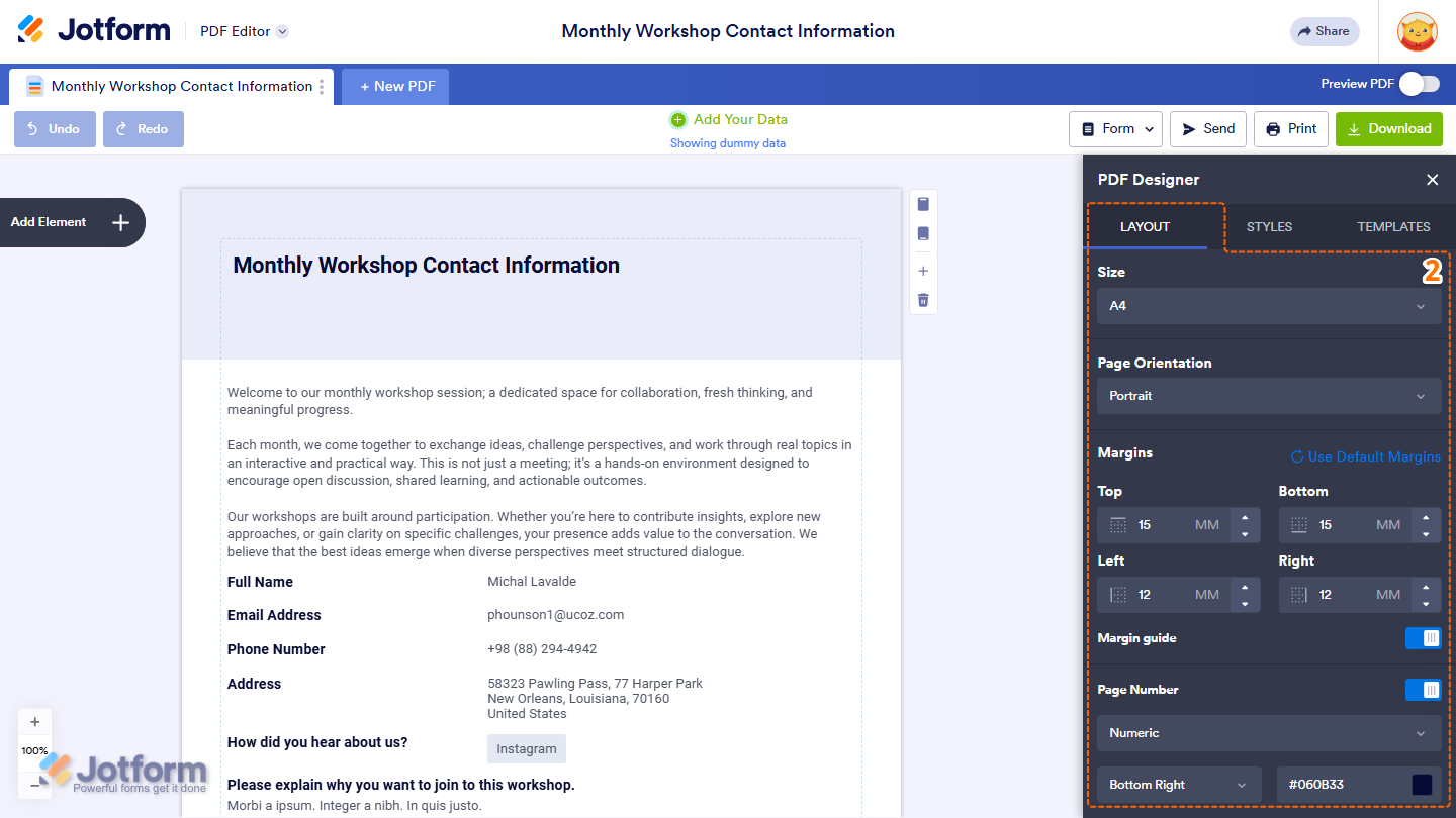 PDF Designer Layout tab showing page size orientation margins and page number settings in Jotform