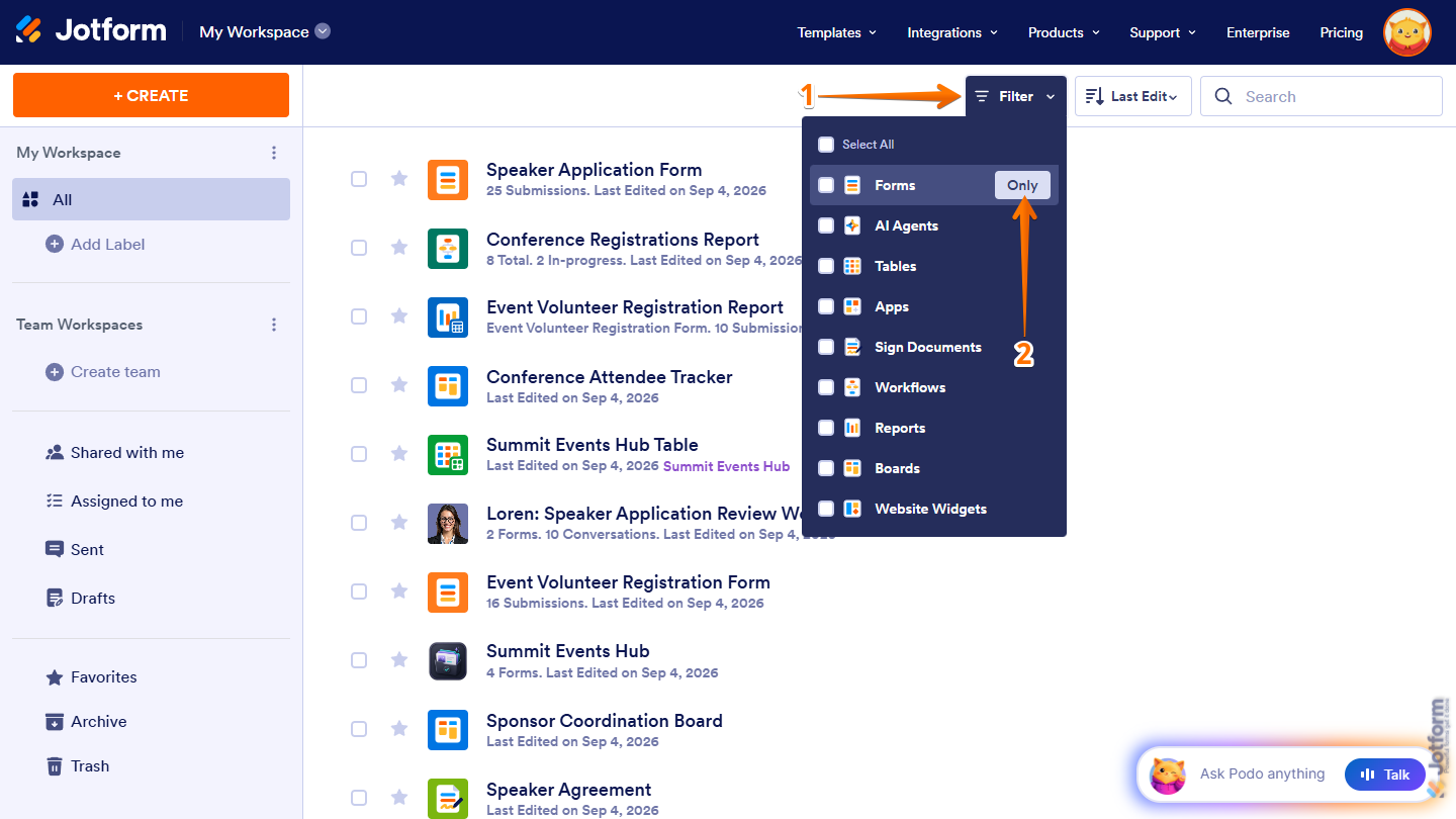 Only button of the Forms option in the Filter menu of Jotform Workspace page