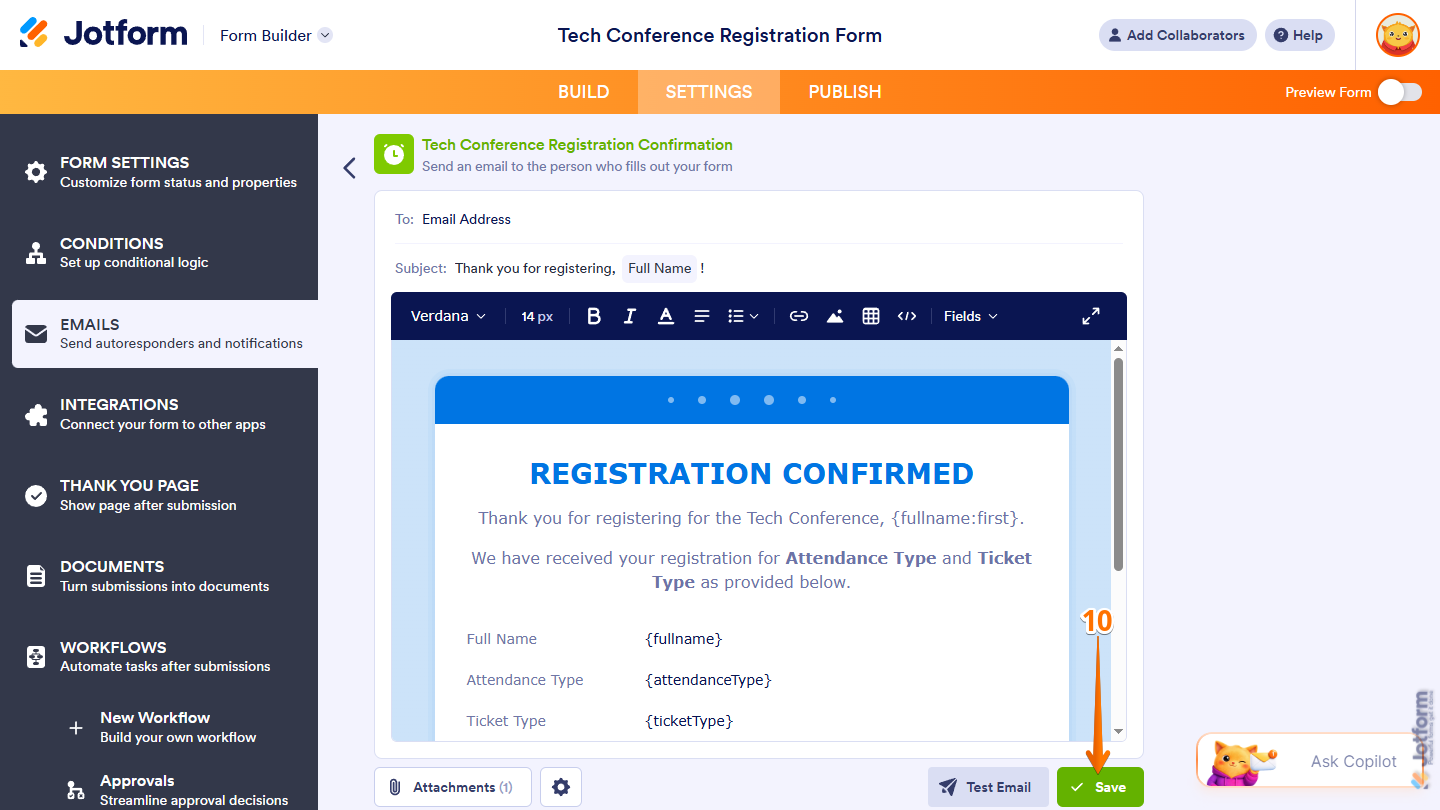 Save button in an Autoresponder Email under the Emails tab in Jotform Form Builder Settings