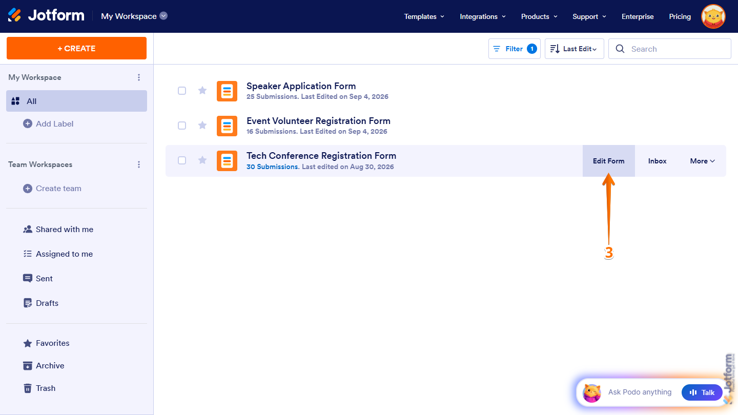 Edit Form button of a form on the Jotform Workspace page