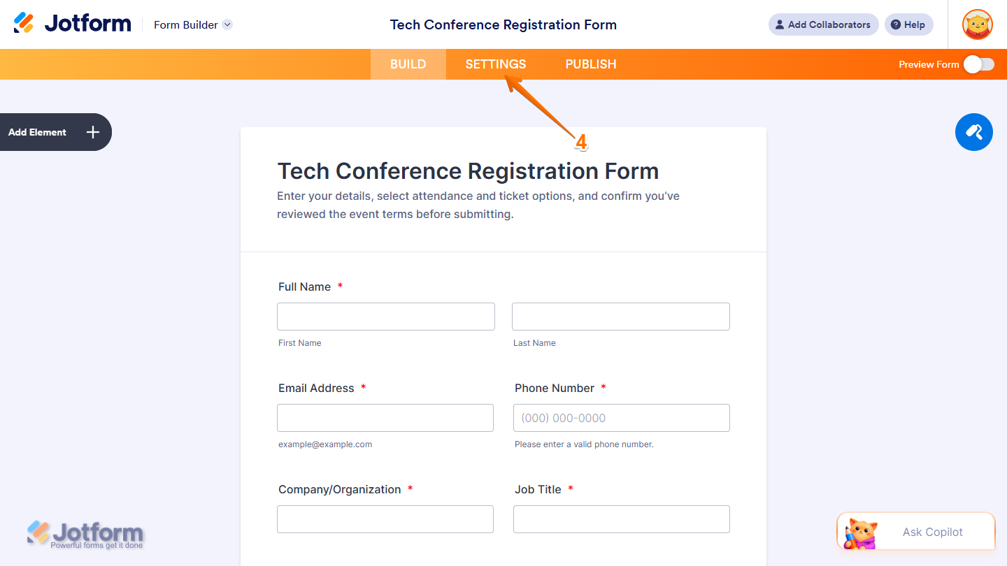Settings button in the orange navigation bar for Jotform Form Builder