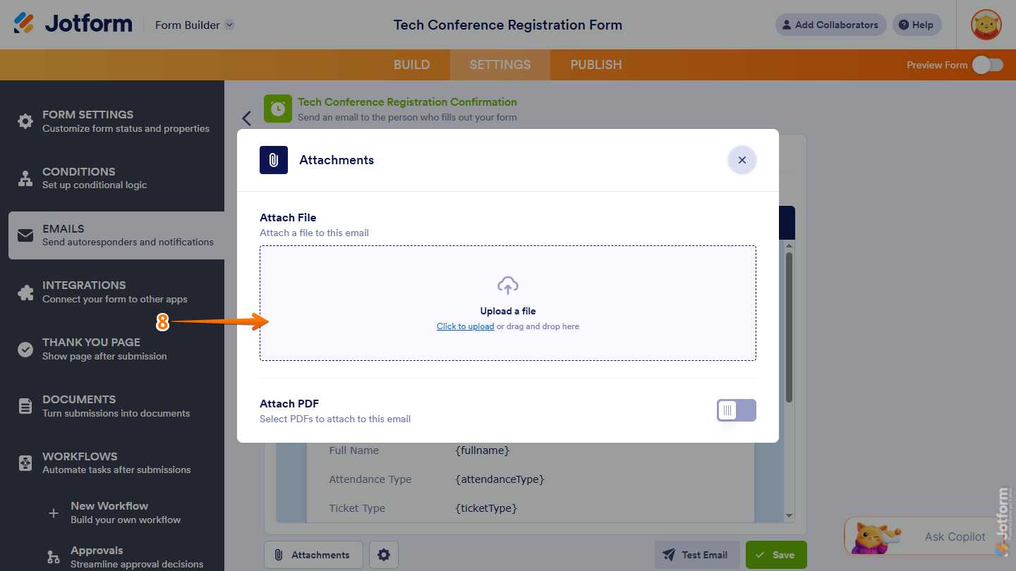 Upload File button of the Attach File Settings in the Attachments window of an Autoresponder Email under the Emails tab in Jotform Form Builder Settings