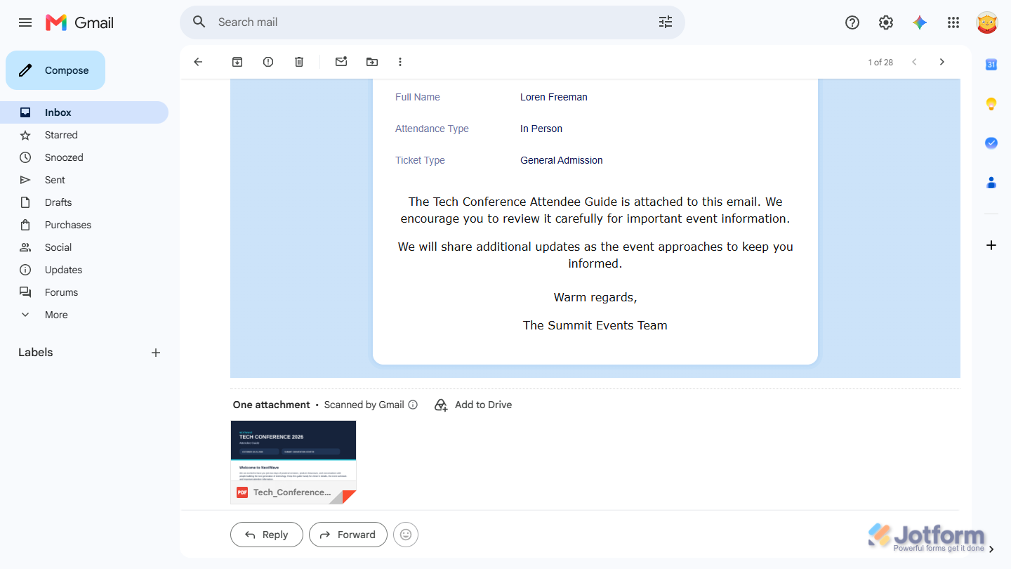 Attached file in an autoresponder email received from Jotform form submission