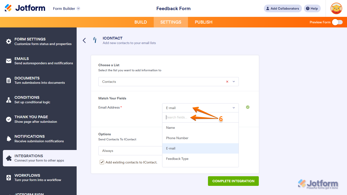 Match Your Fields section in iContact Integration Settings under the Settings tab in Jotform Form Builder
