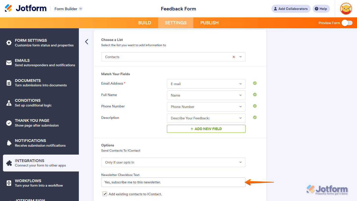 Newsletter Checkbox Text Input box in iContact Integration Settings under the Settings tab in Jotform Form Builder