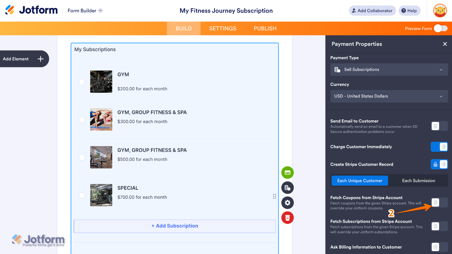 Payment Properties panel showing the Fetch Coupons From Stripe Account option enabled