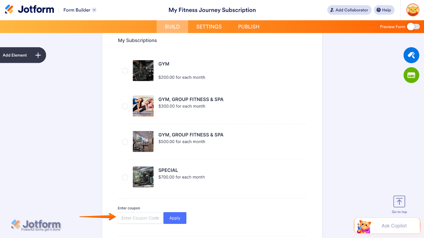 Order form displaying an Enter Coupon field populated with coupon codes fetched from a Stripe account