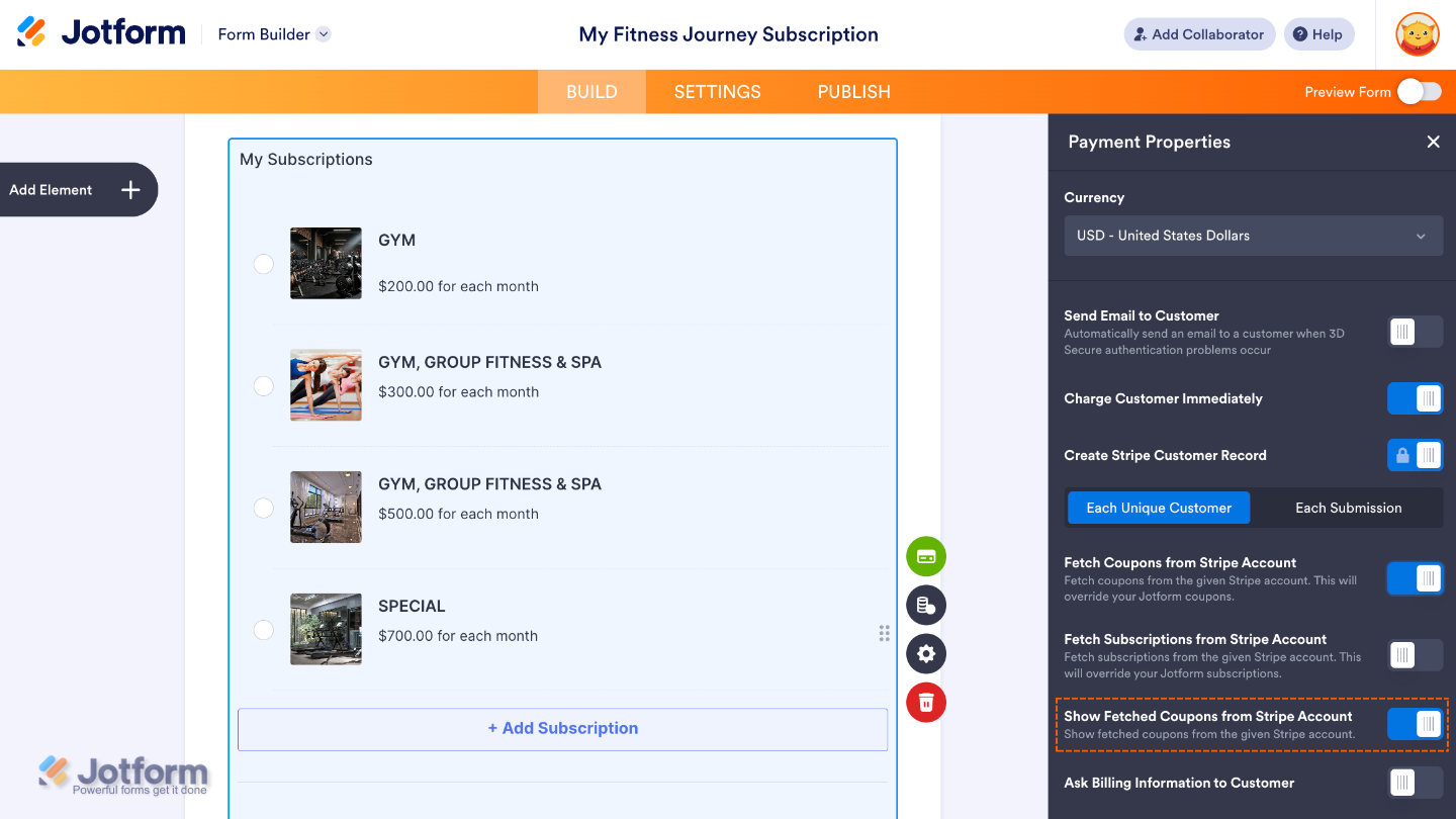 Payment settings showing the Show Fetched Coupons from Stripe Account option enabled in the Coupons tab