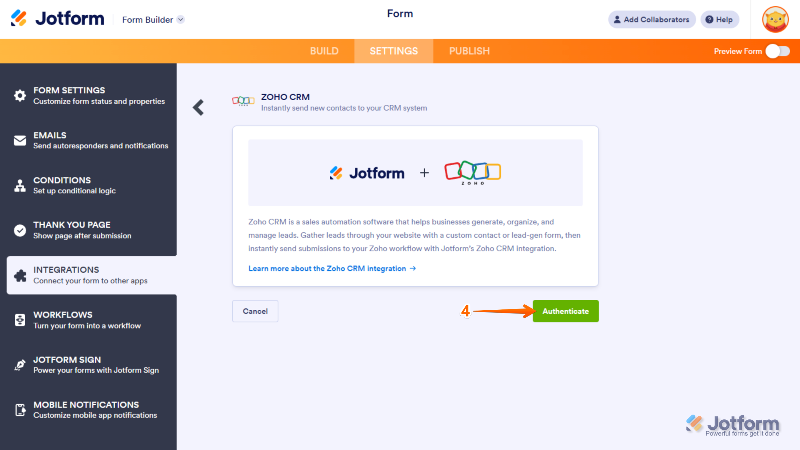 Clicking Authenticate to log in to a Zoho CRM account during the Zoho CRM integration setup in Jotform