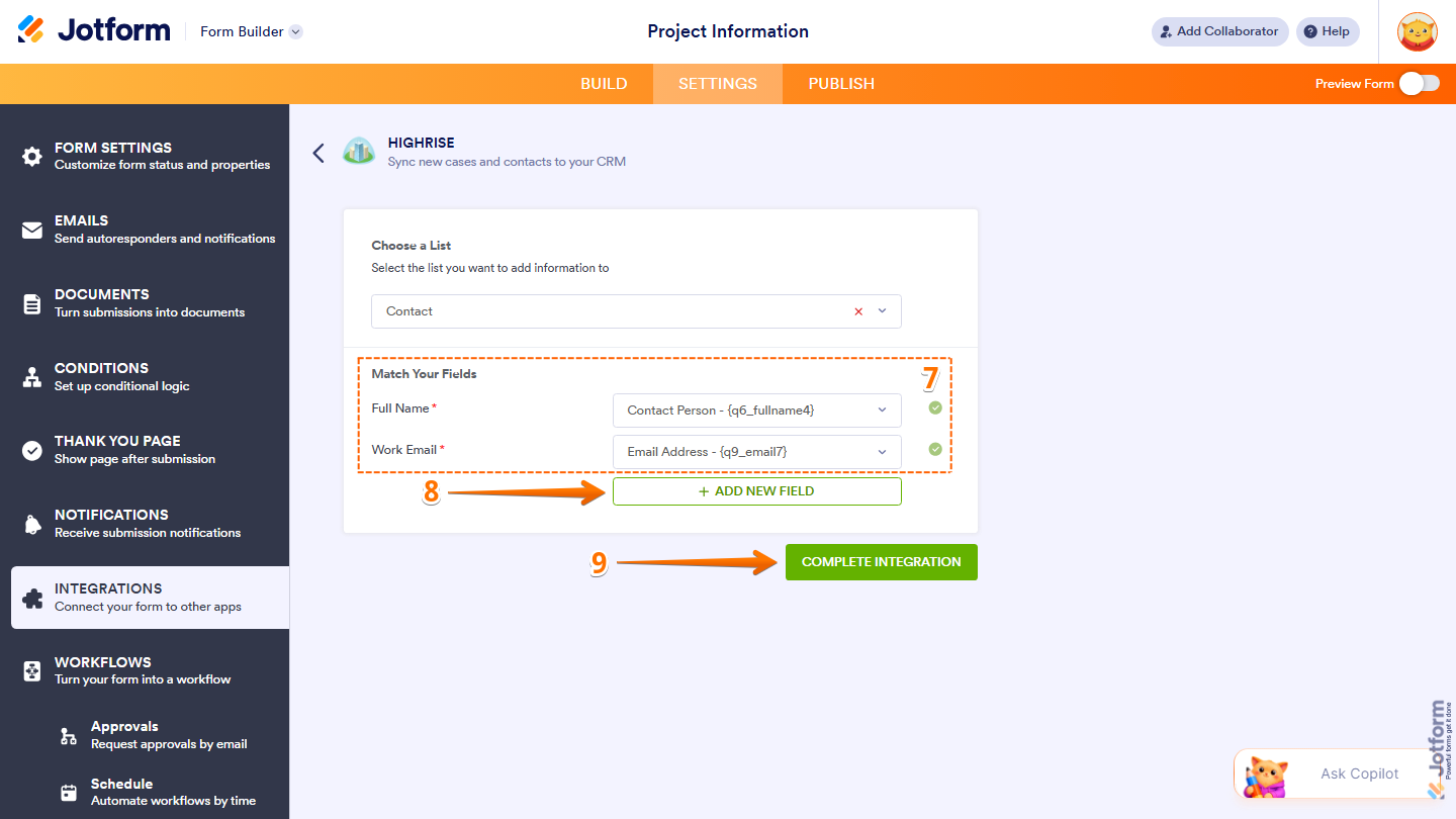 Highrise integration settings showing Match Your Fields, Add New Field, and Complete Integration options in Jotform