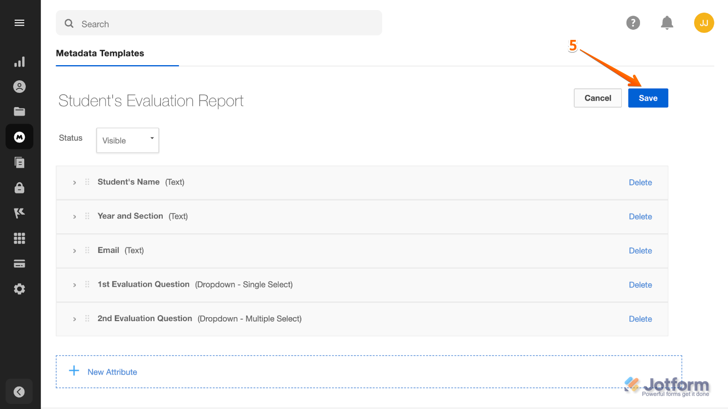 Box Admin Console interface showing the Save button in the upper-right corner after editing a metadata template