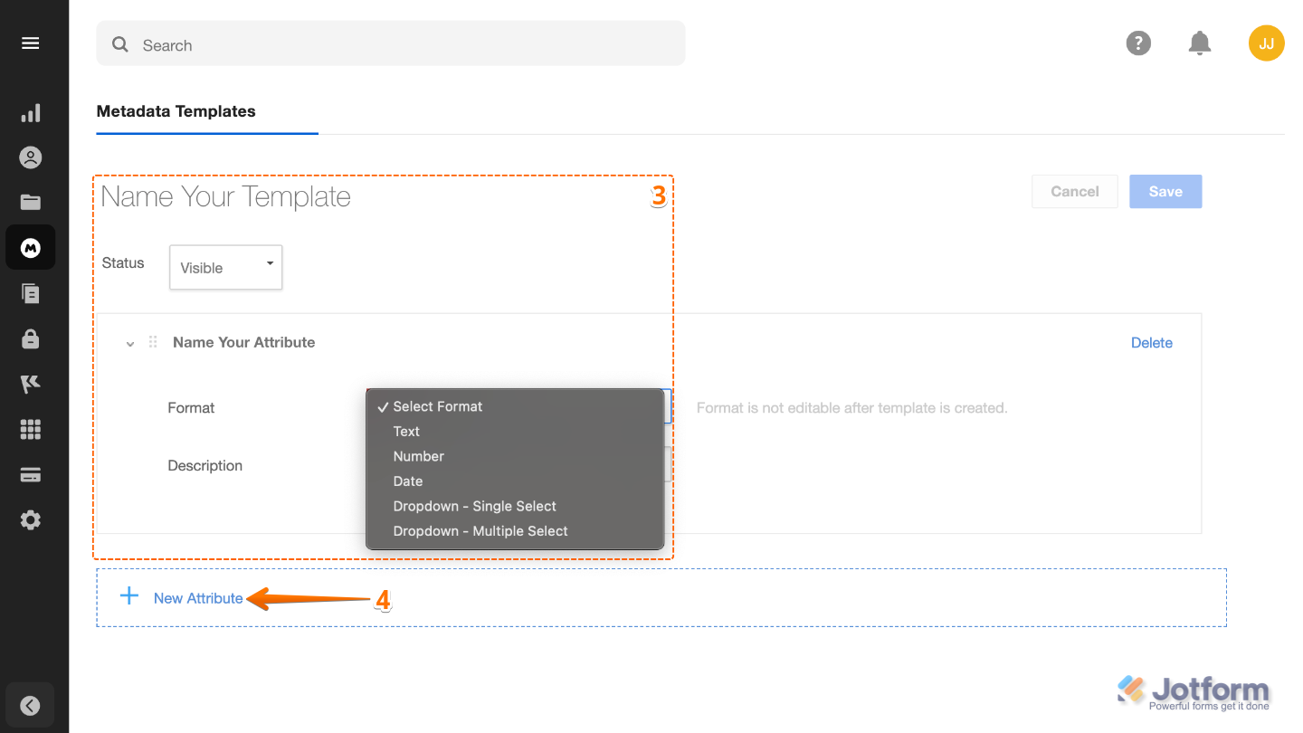 Box Admin Console showing how to edit a metadata template, including naming the template, adding attributes, and selecting formats like Text, Number, Date, or Dropdown