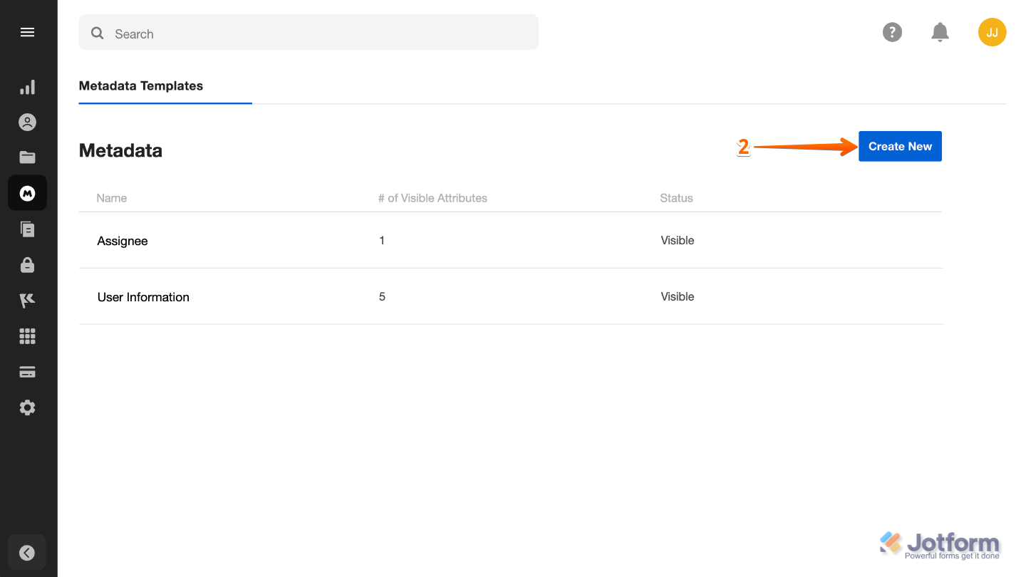 Box Admin Console showing the Create New button to add a new metadata template
