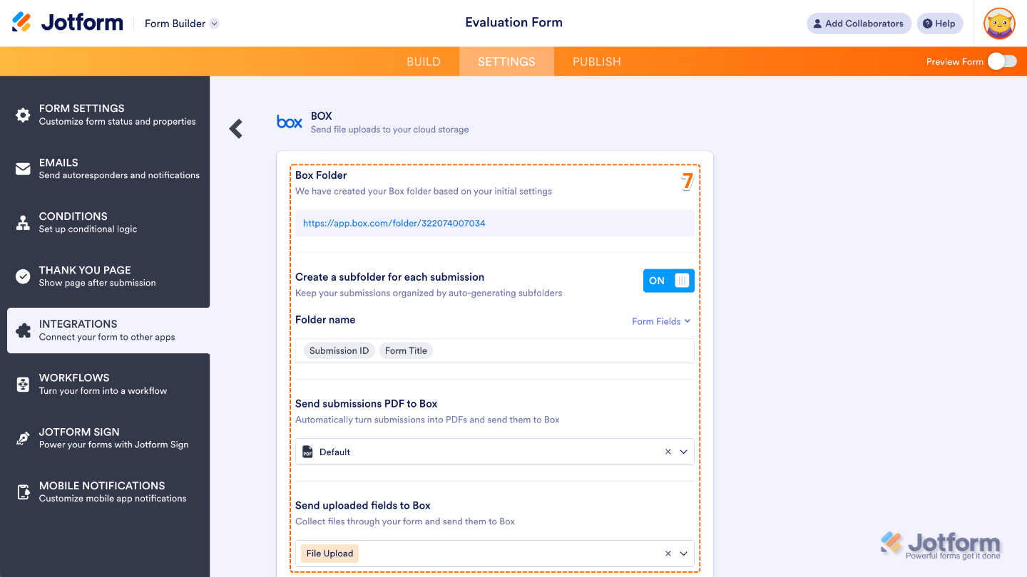 Box integration settings showing options to select the main Box folder, create subfolders per submission, set folder names, and choose PDFs or uploaded files to send to Box