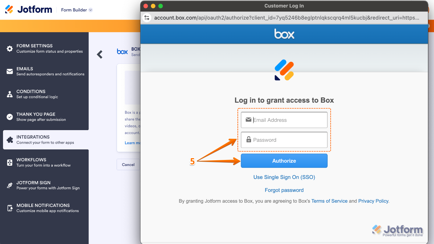 Box login pop-up window where the user enters account credentials and clicks Authorize to connect with form