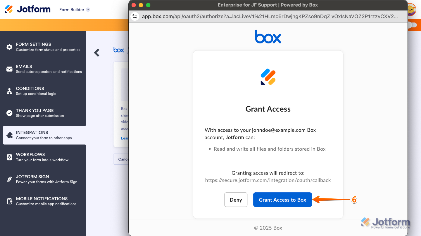 Box integration screen showing the Grant Access to Box button after logging in
