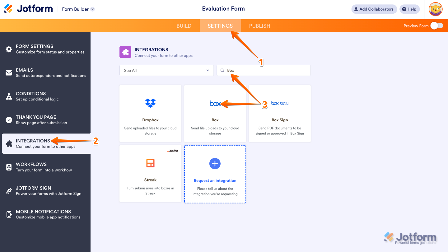 Form Builder interface with the Settings tab selected in the orange top navigation bar