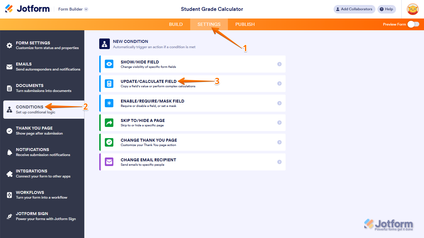 Form Builder Settings showing Conditions menu with Update/Calculate Field option in Jotform
