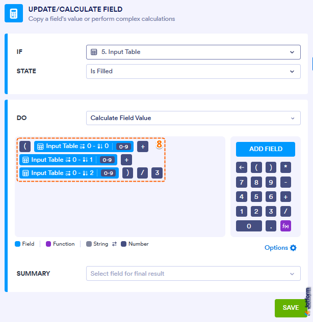 Conditional Logic formula editor showing average score calculation for Mathematics using Prelims Midterm and Finals in Jotform