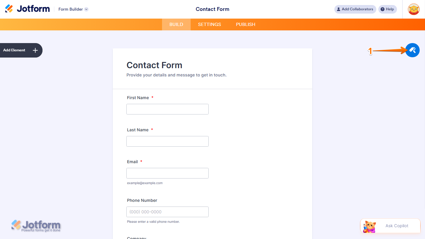 Jotform Form Builder showing the Paint Roller icon in the upper-right corner of the page for accessing form design and styling options