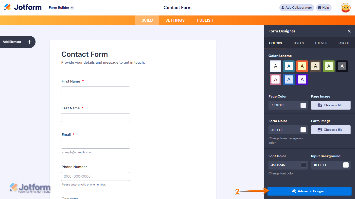 Jotform Form Designer panel showing the Advanced Designer option selected to access advanced form styling and customization settings