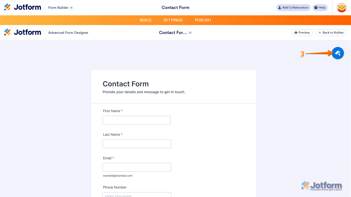 Jotform Advanced Form Designer showing the Paint Roller icon in the upper-right corner for accessing advanced styling and design customization options