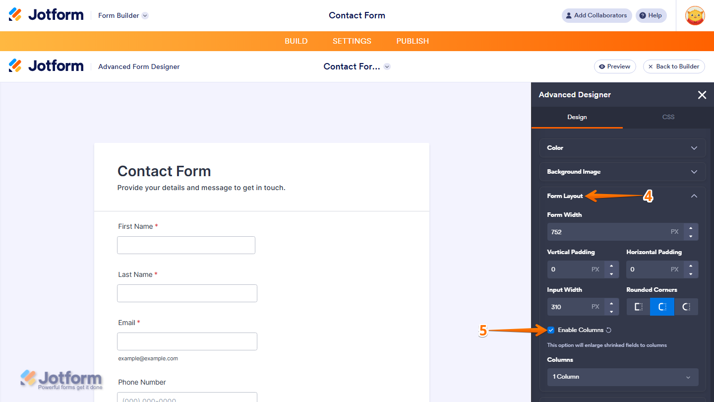 Jotform Advanced Designer showing the Form Layout section expanded under the Design tab, with the Enable Columns checkbox selected to create a multi-column form layout