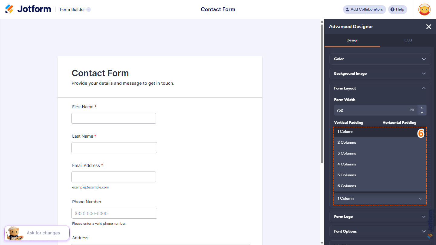 Jotform Advanced Designer showing the Columns dropdown menu with a column layout option selected to customize the form’s multi-column structure